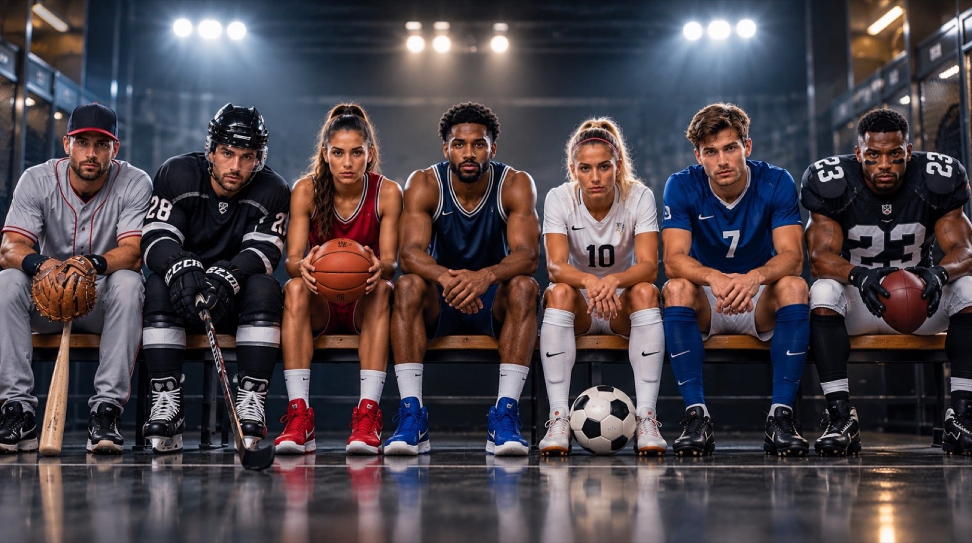 Professional athletes from several sports seated on a bench