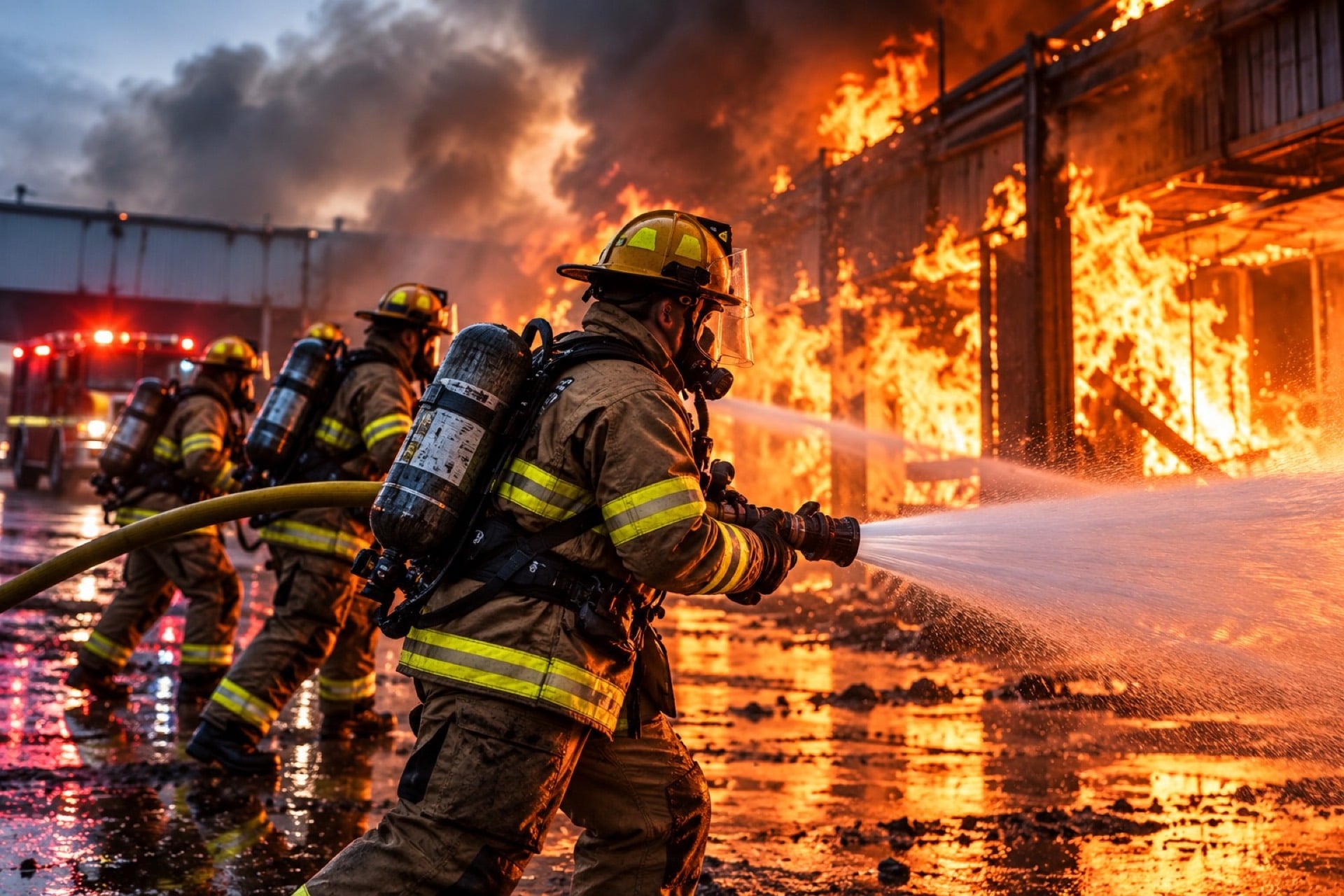 Firefighters spraying water on a burning building