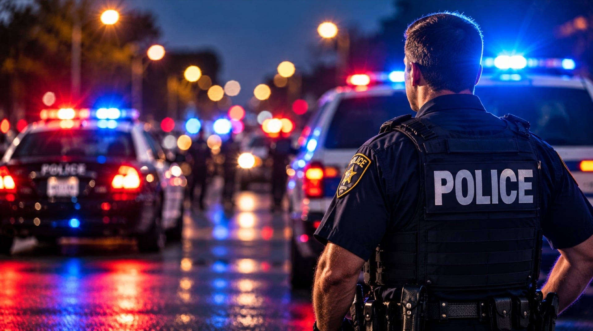 Police officer standing by patrol cars with lights on at night